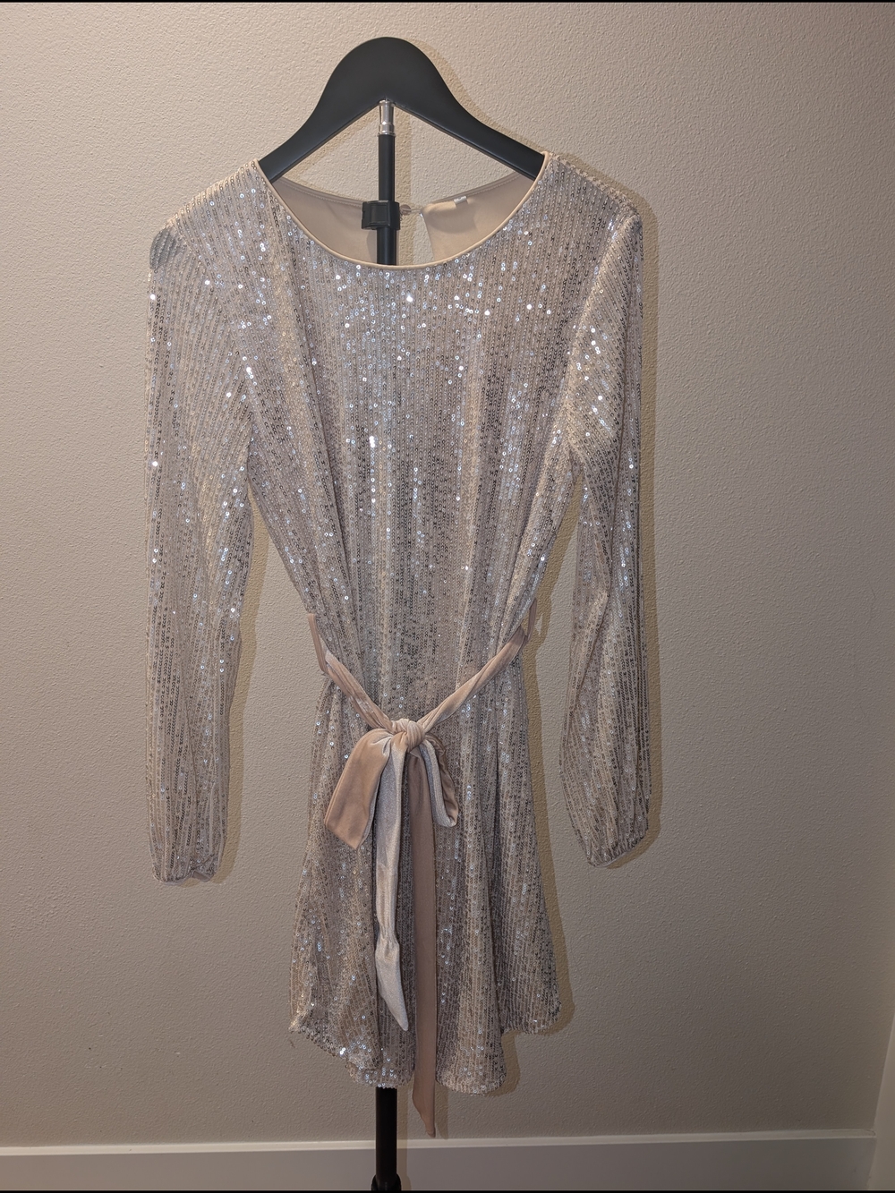 Sequin Long Sleeve Belted Party Dress - Silver/Champagne